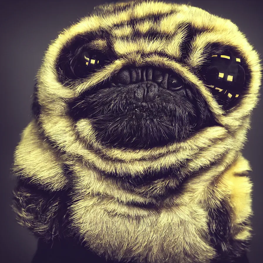 Prompt: bumblebee pug, soft and fluffy, macro photography, high resolution photo, cinematic lighting, beehive interior backgrounds, there is only one bumblepug, solo subject, trending on artstation,