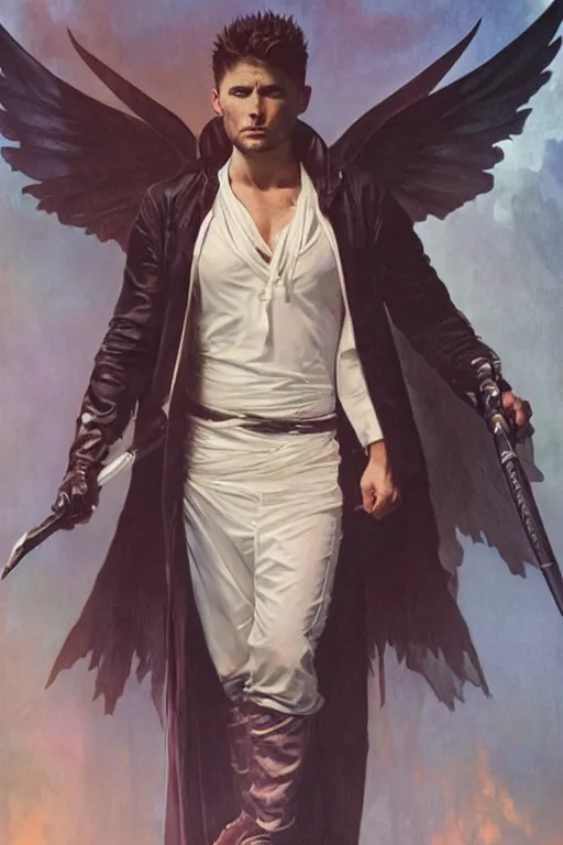 Image similar to a detailed matte portrait of an jensen ackles dressed as the vampire angel from buffy the vampire slayer, masterpiece, 8 k, art by alphonse mucha and greg rutkowski