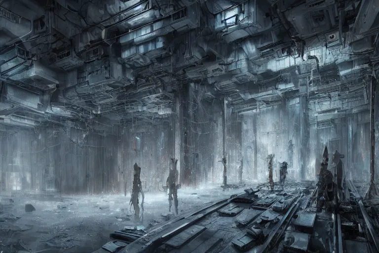 Prompt: volumetric coherent gloomy colossal ruined server room in datacenter by eddie mendoza blender robot figure automata headless drone robot knight welder posing pacing fixing soldering mono sharp focus, emitting diodes, smoke, artillery, sparks, racks, system unit, motherboard, artstation cgsociety artofmtg hyperrealism cinematic dramatic painting concept art of detailed character design matte painting