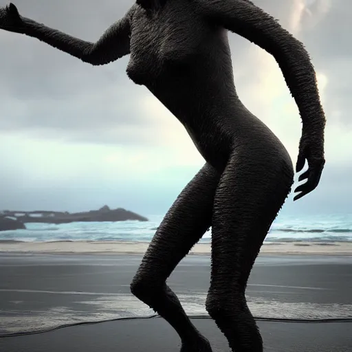 Image similar to a stunning cinematic wide shot of a beautiful confused slick sleek smooth humanoid sea monster wearing clothes made of seaweed on a dark stormy beach, well designed perfect with slick led eyes, sharp claws, cgsociety, hd octane render, fantasy, furry art, artstation, deviantart, furaffinity, very very clean