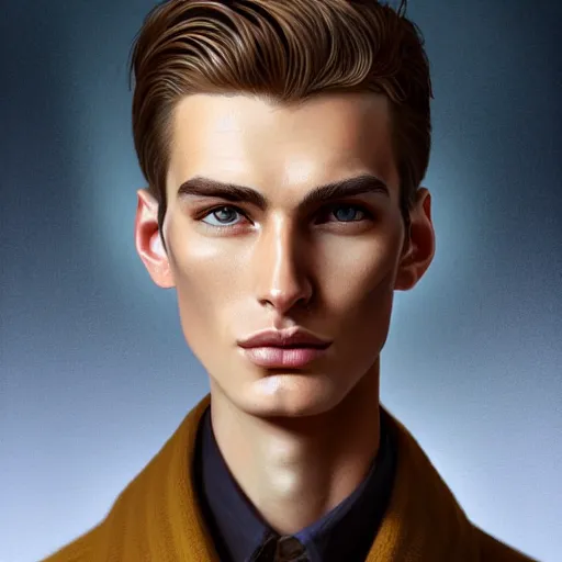 Image similar to tall man in his twenties with brown blond short quiff hair and thin round facial structure with cleft chin, straight eyebrows and prominent nose, good definition of cheekbones, big hazel nut brown eyes, narrow face, atmospheric lighting, painted, intricate, 4 k, highly detailed by charlie bowater