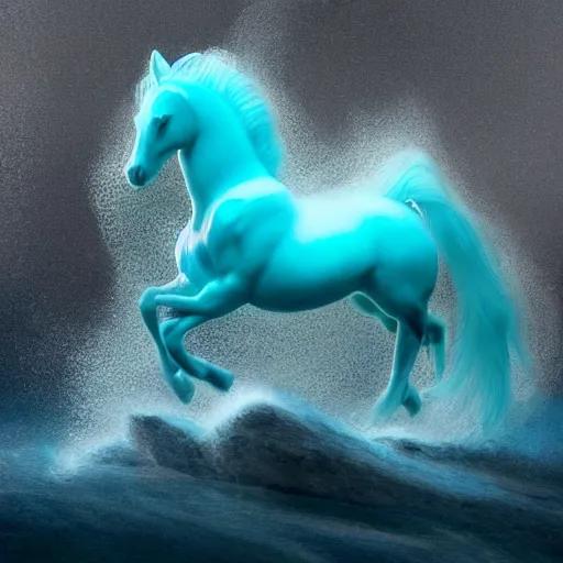 Image similar to a fantastical transparent small turquoise spirit horse made of water and foam and algae and ice, splashing water, wave, translucent, ethereal, noble, radiant, hyperalism, scottish folklore, digital painting, artstation, concept art, smooth, 8 k frostbite 3 engine, ultra detailed, art by artgerm and greg rutkowski and magali villeneuve