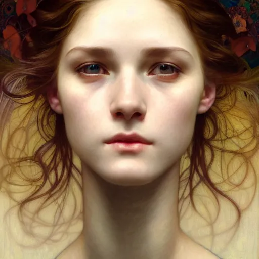 Image similar to portrait of an innocent girl manifesting eternity in a blink, face, fantasy, intricate, elegant, dramatic lighting, highly detailed, lifelike, photorealistic, digital painting, artstation, concept art, smooth, sharp focus, illustration, art by John Collier and Krenz Cushart and Artem Demura and Alphonse Mucha and and Albert Aublet