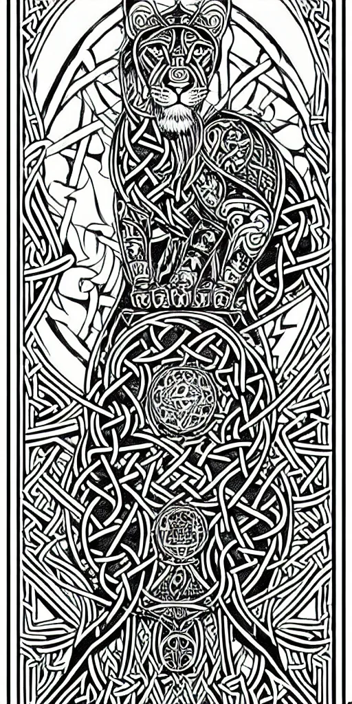 Image similar to a beautiful black and white fractal viking lioness tarot card featuring bold occult imagery with clean lines. detailed adult coloring book