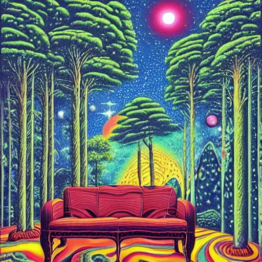 Image similar to psychedelic trippy river pine forest, planets, milky way, sofa, cartoon by rob gonsalves