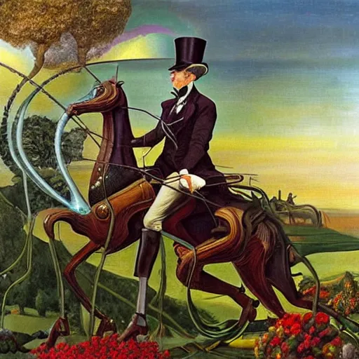 Image similar to an a gentleman in a top hat riding an extremely long and spindly mechanical horse in a futuristic!!! victorian city, oil painting, style of salvador dali and richard dadd!!!!, rococo lots of plants and flowers