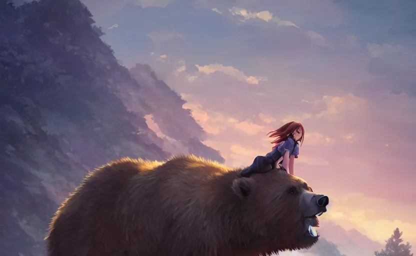 Prompt: a girl riding a grizzly bear, full shot, atmospheric lighting, detailed faces, by makoto shinkai, stanley artgerm lau, wlop, rossdraws