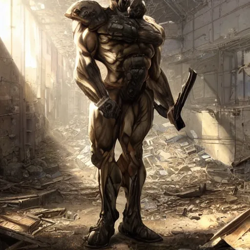 Image similar to a hyper - muscular anthropomorphized male horse with a magnificently muscular physique wearing tactical gear standing in the ruins of a facility, furry art, furaffinity, highly detailed, digital painting, artstation, concept art, magic the gathering, illustration by artgerm, greg rutkowski, wlop