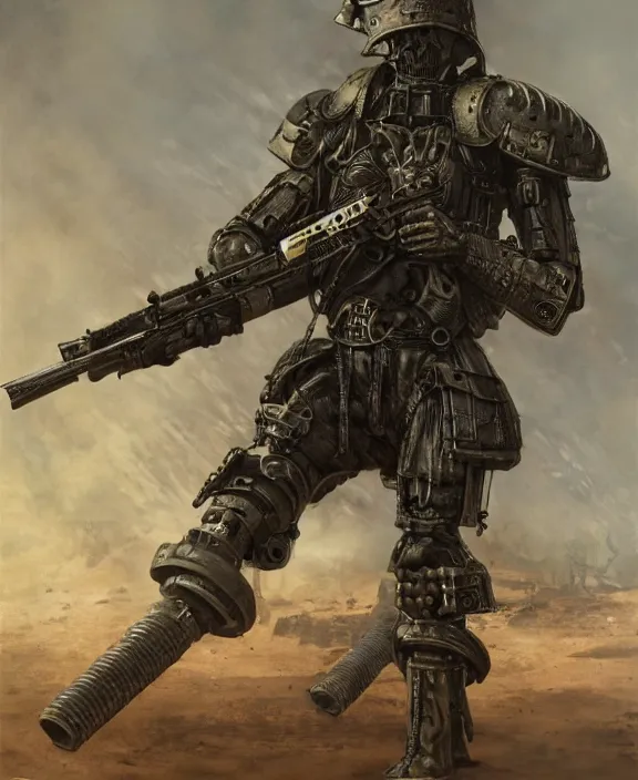 Image similar to a soldier in steampunk armour firing his gun in a deadly world war, by HR Giger and Beksiński and Stephan Martiniere , 4k resolution, detailed, trending on artstation