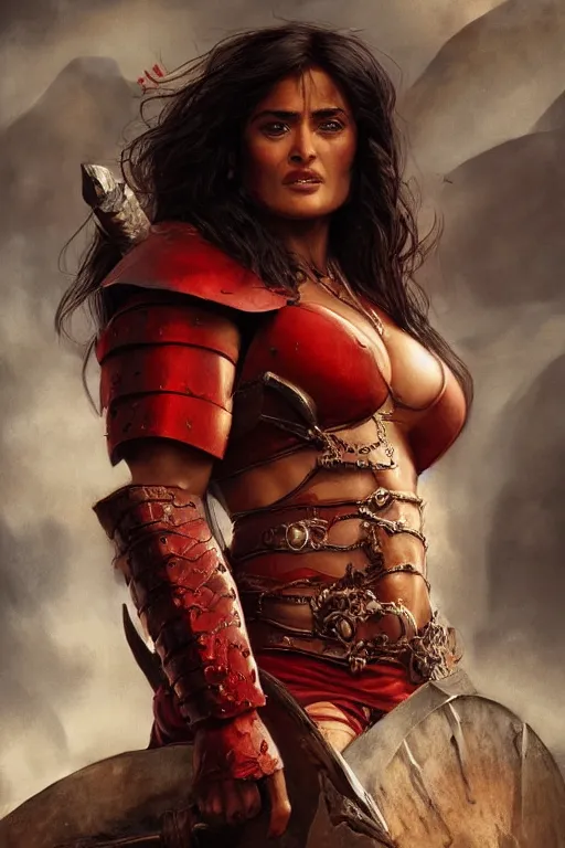 Prompt: portrait, Salma Hayek , barbarian , dressed in red leather armor, face portrait, raphael lacoste, eddie mendoza, alex ross, concept art, matte painting, highly detailed, rule of thirds, dynamic lighting, cinematic, detailed, denoised, centred