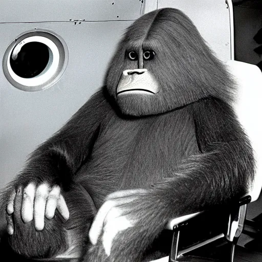 Prompt: Photo of bigfoot sitting in an airplane, cctv, dust on lense, 1970s