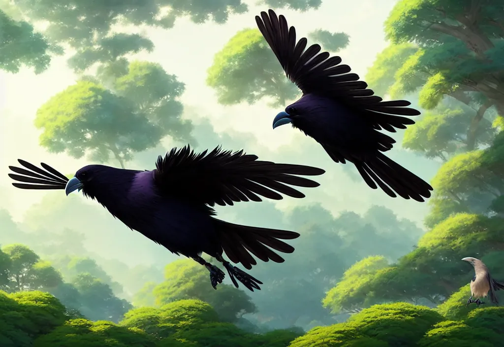 Image similar to a wholesome animation key shot of a cute stripe colored raven flying above the forest, studio ghibli, pixar and disney animation, sharp, rendered in unreal engine 5, anime key art by greg rutkowski, bloom, summer lighting