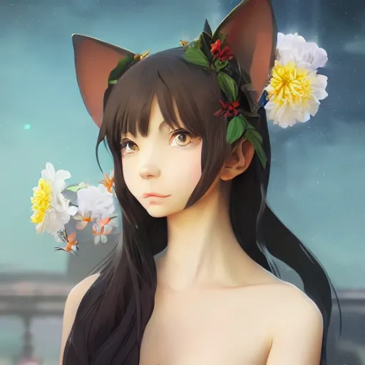 Image similar to a stunning portrait of an olive - skinned witch with cat ears wearing an ornate flower dress, by makoto shinkai, wlop, andrei riabovitchev, sakimichan, summer vibes, very coherent symmetrical artwork, perfect face, studio lighting, smooth, sharp focus, 4 k, masterpiece, trending on artstation