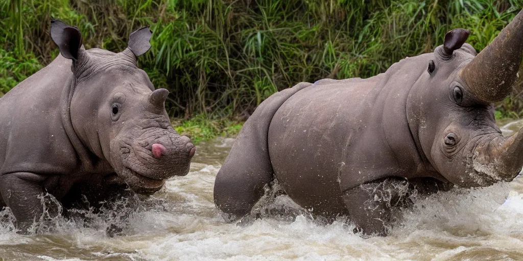 Prompt: hippo with a rhino horn, in a river in the jungle, extremely high fidelity, natural lighting