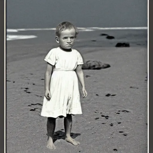 Image similar to child on the beach, old photo, late 19th century, colorized b&w photo