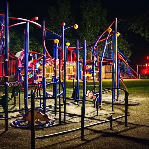 Prompt: nightmare beasts at a playground at night, photograph