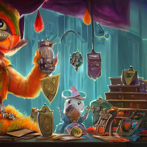 Image similar to Magic the gathering artwork of Anthropomorphized parrot shopkeeper in his fully stocked shop, shelves full, selling a gem, portrait, items, magic potions, carpet, window, fancy funny hat, sly expression , cunning expression, cute expression, presenting magic gem, D&D, fantasy, cinematic lighting, highly detailed, digital painting, artstation, concept art, smooth, sharp focus, illustration, warm light, cozy warm tint, magic the gathering artwork, volumetric lighting, 8k, no gold, no gold colours, art by Akihiko Yoshida and Greg Rutkowski