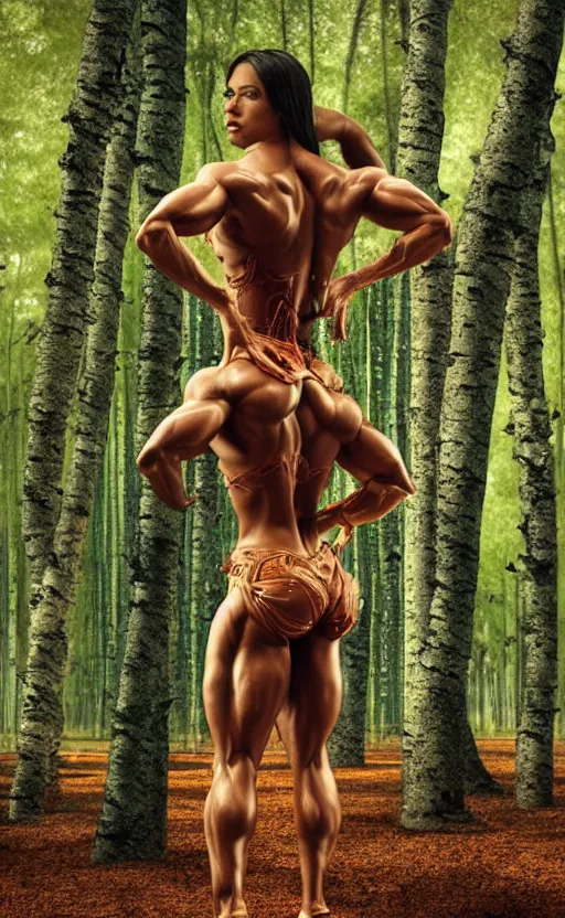 Image similar to photo of superbodybuilder woman posing standing with back in birch forest in jeff koons hip hop bauhaus style, beautiful detailed face, ultra realistic, concept art, intricate details, serious, highly detailed, photorealistic, octane render, 8 k, unreal engine, natural light, art by todd mcfarlane