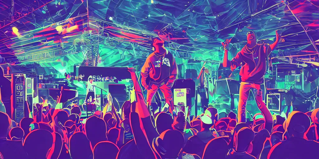 Prompt: rapper performing at huge festival holding microphone, epic angle, digital art, vapor wave, hip hop, trending on Artstation, professional artist, detailed, 4k