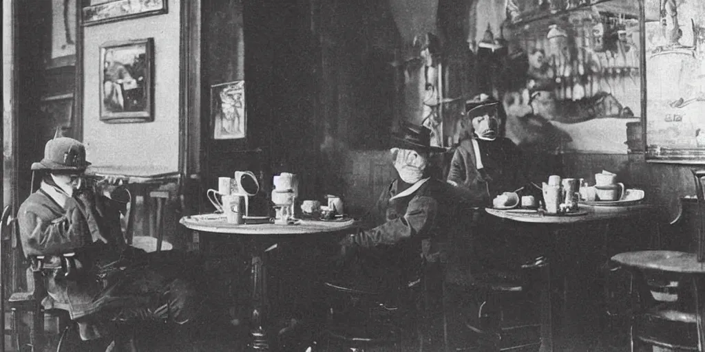 Image similar to an old photo from the 19th century captures the image of Kang The Conqueror drinking coffee in a 19th century cafe, realistic, black and white photography.