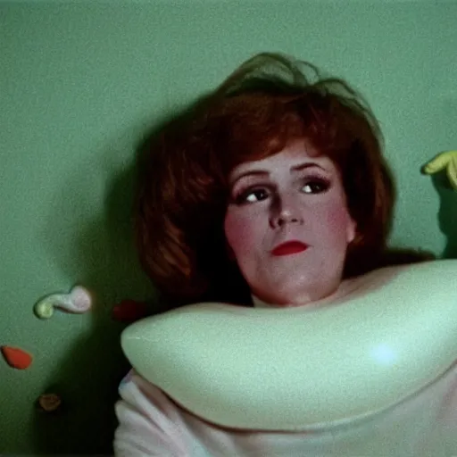 Prompt: still from a 1980 arthouse film about a depressed housewife dressed as a squishy inflatable toy who meets a handsome younger man in a seedy motel room, color film, 16mm soft light, weird art on the wall
