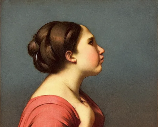 Prompt: colored portrait. the same style. a very unique profile, seen from the side, medium shot. fat face, a straight and long nose, and huge prominent eyes. she is singing to the sun. old photograph. sharp image. academicism, highly detailed, color harmony, art station, ornate, caravaggio style. old photography