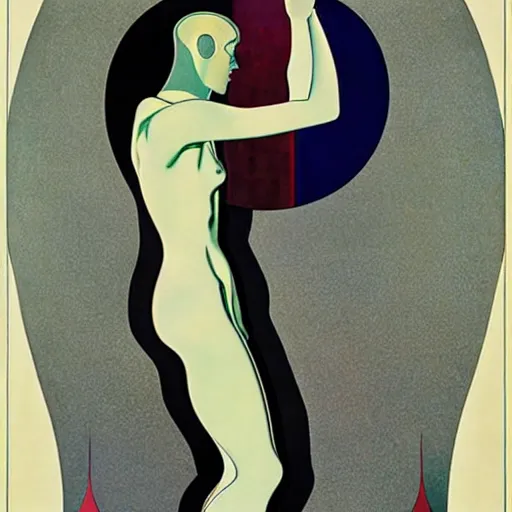 Image similar to art by coles phillips, a tall chrome - skinned god walks the earth, reflective skin, chrome, skin with a mirrror like finish similar to the silver surfer, mucha, kandinsky