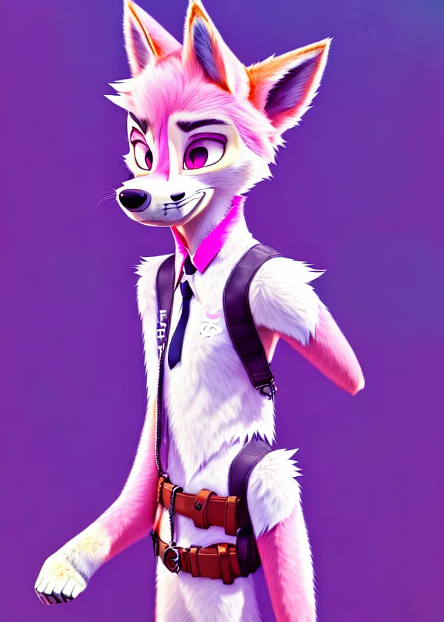 Image similar to portrait of a cute male anime wolf with pink hair and pink wolf ears and freckles stylish clothes in a city in the style of zootopia, volumetric lighting, subsurface scattering, photorealistic, octane render, random artists