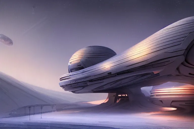 Image similar to futuristic space station in the snowy mountains 3 d concept art, cinematic lighting, intricate details, building by zaha hadid, pastel orange sunset, emissary space by arthur haas and bruce pennington and john schoenherr, cinematic matte painting, dark moody monochrome colors, trending on artstation, featured on behance