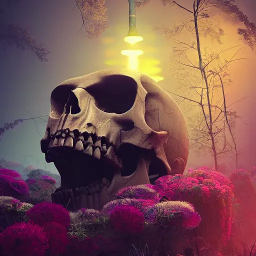 Prompt: beautiful dark landscape, giant screaming skull with beautiful flowers growing in the style of beeple and Mike Winkelmann, intricate, epic lighting, cinematic composition, hyper realistic, 8k resolution,