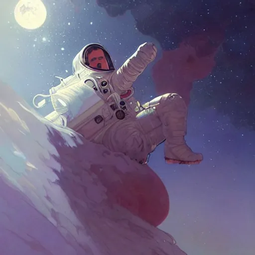 Prompt: an astronaut fleeing the moon by artgerm, greg rutkowski, alphonse mucha