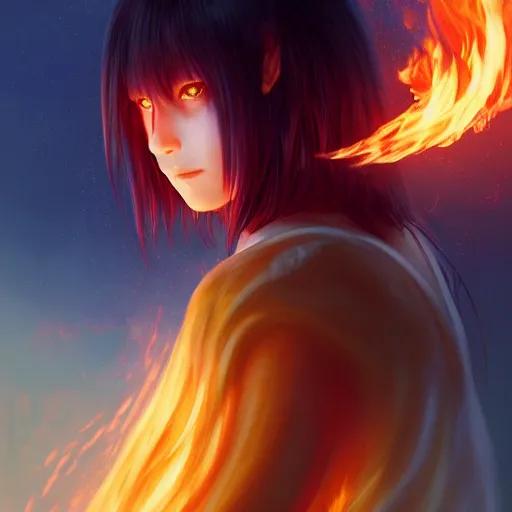 Prompt: rimuru tempest from tensura holding fire in his palm, with amber eyes of golden colored eyes, straight hair, sky blue hair, long bangs, high collar, concept art, award winning photography, digital painting, cinematic, wlop, 8 k, by ross tran, tom bagshaw, andy warhol