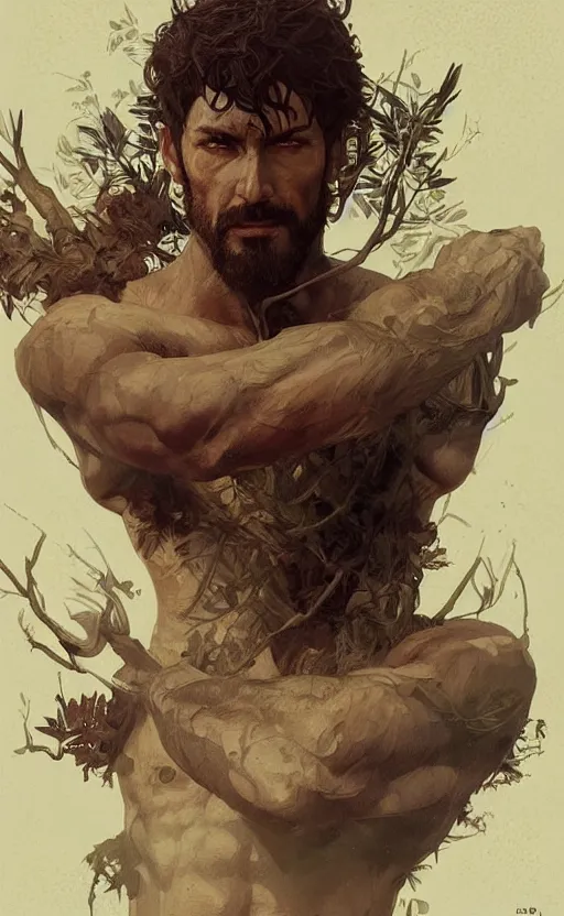 Image similar to god of the forest, 30 years old, rugged, male, gorgeous, detailed face face face face, amazing, thighs thighs thighs thighs, muscular, intricate, highly detailed, digital painting, artstation, concept art, sharp focus, illustration, art by greg rutkowski and alphonse mucha