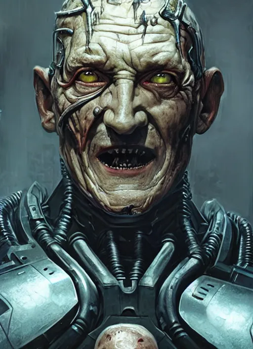 Image similar to robert englund as victor stone, full body concept, cyborg, borg, strogg, face of a man, terminator, flesh, quake strogg, doom demon, wolfenstein, monstrous, powerful, symmetry, symmetrical, concept art by ruan jia and greg rutkowski