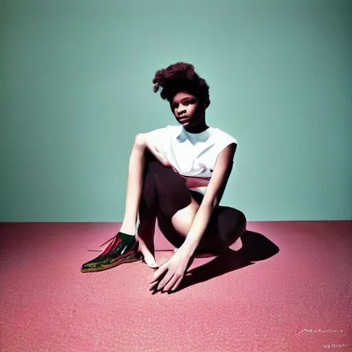 Image similar to realistic photoshoot for a new balenciaga lookbook, color film photography, portrait of a beautiful woman in style of tyler Mitchell, person sitting on the floor, 35mm, graflex