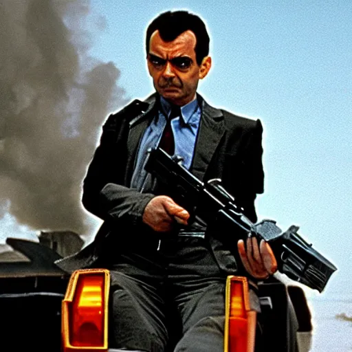 Image similar to A still of Mr Bean as the Terminator in The Terminator (1984)