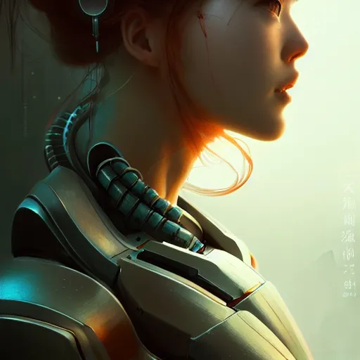 Prompt: portrait of beautiful girl with robot body by fenghua zhong and ruan jia, close up, portrait, cinematic, elegant, artstation, intricate, highly detailed, digital painting, artstation, concept art, sharp focus, illustration, cyberpunk, cgsociety, 8 k