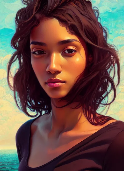Image similar to handsome young black women with shoulder length brown hair, bikini, half body shot, path traced, highly detailed, high quality, digital painting, alena aenami, lilia alvarado, shinji aramaki, karol bak, alphonse mucha, tom bagshaw