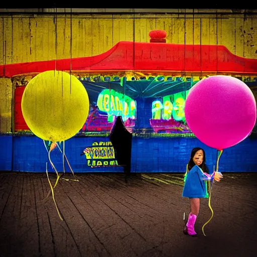 Prompt: a girl holding a balloon at a fairground. buildings with graffiti. silhouette. photograph in the style of simon stalenhag