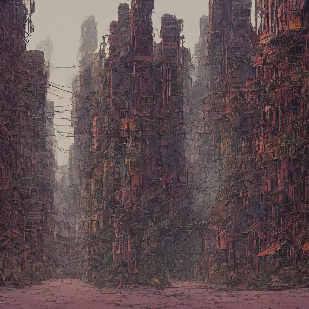 Image similar to desolate dhaka city street in the style of Jean Giraud Moebius, 4K