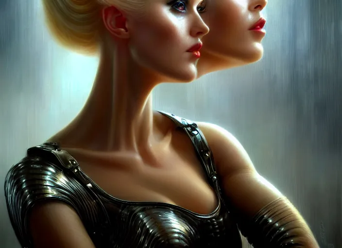 Image similar to portrait shot of blonde women in bladerunner wearing a shiny metal corset, intricate, elegant, highly detailed, centered, digital painting, artstation, concept art, smooth, sharp focus, illustration, artgerm, tomasz alen kopera, peter mohrbacher, donato giancola, joseph christian leyendecker, wlop, boris vallejo