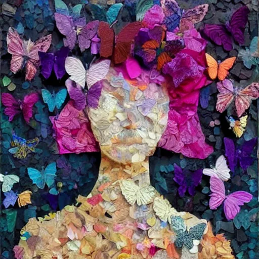 Prompt: a portrait of a woman constructed from flower petals, collage, organic, layered composition, layers, texture, mcu, butterflies, 🦋, highly textured, layered, sculpted, dynamic,