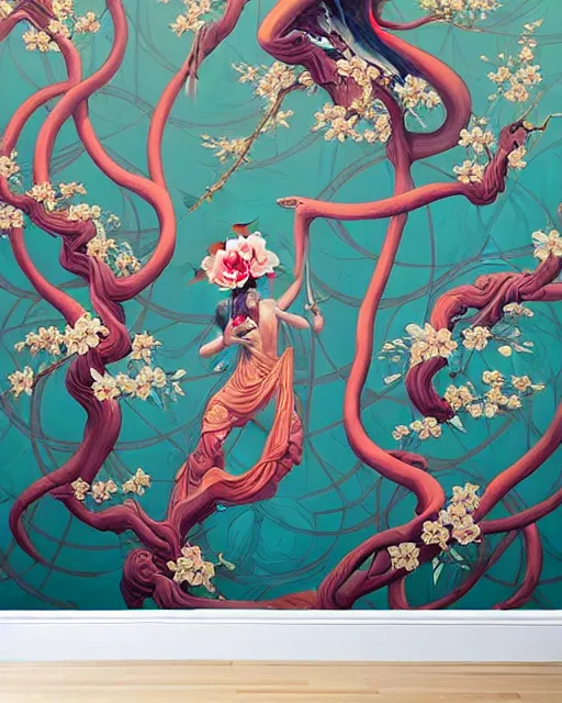 Image similar to Tristan Eaton floral tree wallpaper, chinoiserie pattern, peter mohrbacher, alena aenami