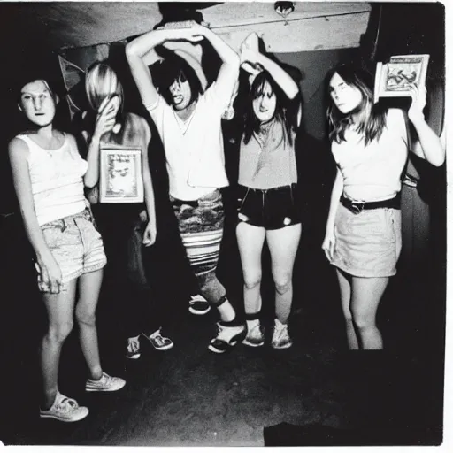 Image similar to A group of outcasts having a moment of nostalgia in their cramped basement, 90s Film Photo, Polaroid, Flash Photography, 40mm lens, Award Winning, 8k Film Scan