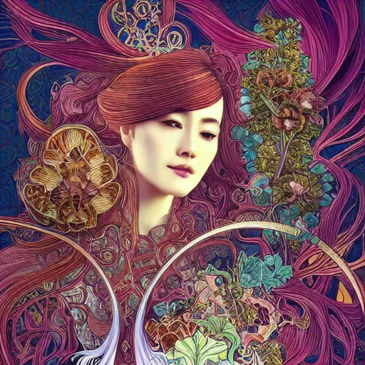 Image similar to beautiful and detailed digital illustration of regeneration can only be attained by two souls working in unison and harmony, dramatic 8k image, ultrarealistic, elaborate and emotive, transcendental by kittichai rueangchaichan, floralpunk, Artstation, art nouveau aesthetic, Alphonse Mucha background, intricate details,concept art, realistic, dramatic, detailed intricate ink illustration, heavenly atmosphere