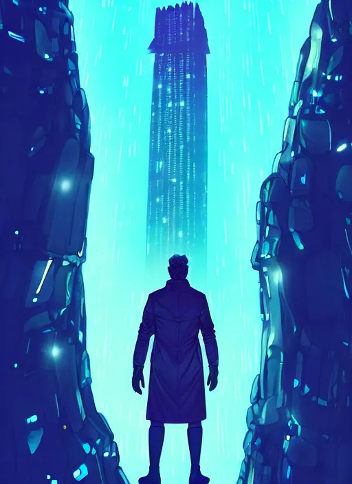 Image similar to comic book art of a [ man ] in trenchcoat with ( glowing ) [ gloves ] and [ boots ] in a [ jungle ] looking up at a [ tower ] extending into the sky made of crystalized glowing rock,, low angle, artstation illustration, elegant, cyberpunk, volumetric fog, arcane by tim doyle