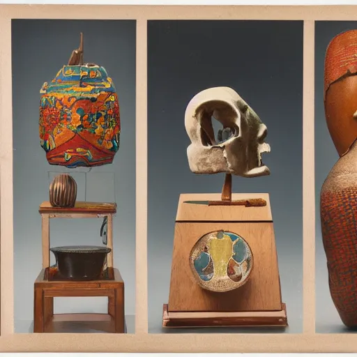 Image similar to A three color offset photography of a collection of objects on display, anthropology of wonder, exotic artifacts, colonial expedition, catalog exhibition, 60s