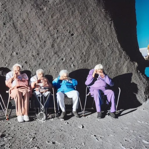 Image similar to an group of elderly people on the surface of the moon, 🌕, 🍦, eating ice - cream, tourist bus, canon eos r 3, f / 1. 4, iso 2 0 0, 1 / 1 6 0 s, 8 k, raw, unedited, symmetrical balance, wide angle