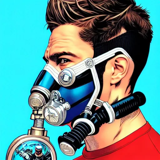 Prompt: portrait of a male diver with a oxygen mask intricate details mask in side profile by MARVEL comics and Sandra Chevrier