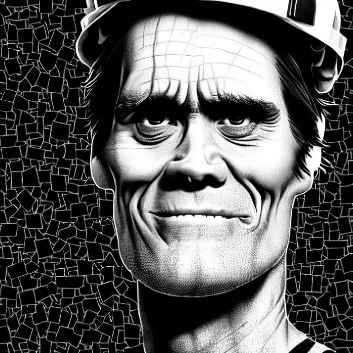 Image similar to extreme close - up on jim carrey as a miner : background : black tiles on walls. black and white, pencil and ink. by gabriel hardman, joe alves, chris bonura. cinematic atmosphere, detailed and intricate, perfect anatomy